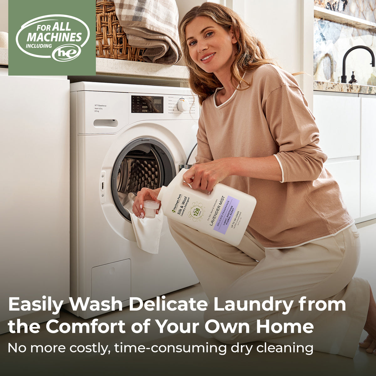 Woman pouring Lavender Mist Heritage Park Silk and Wool Laundry Detergent 64oz bottle with Text Highlighting it’s for delicate laundry