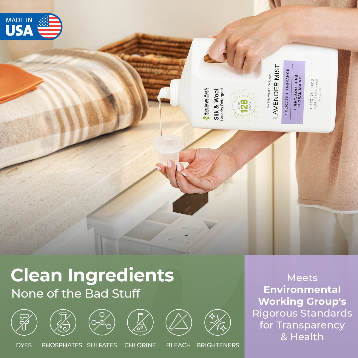 Woman pouring Heritage Park Silk and Wool Laundry Detergent in Lavender Mist Fragrance with Text Highlighting its clean ingredients