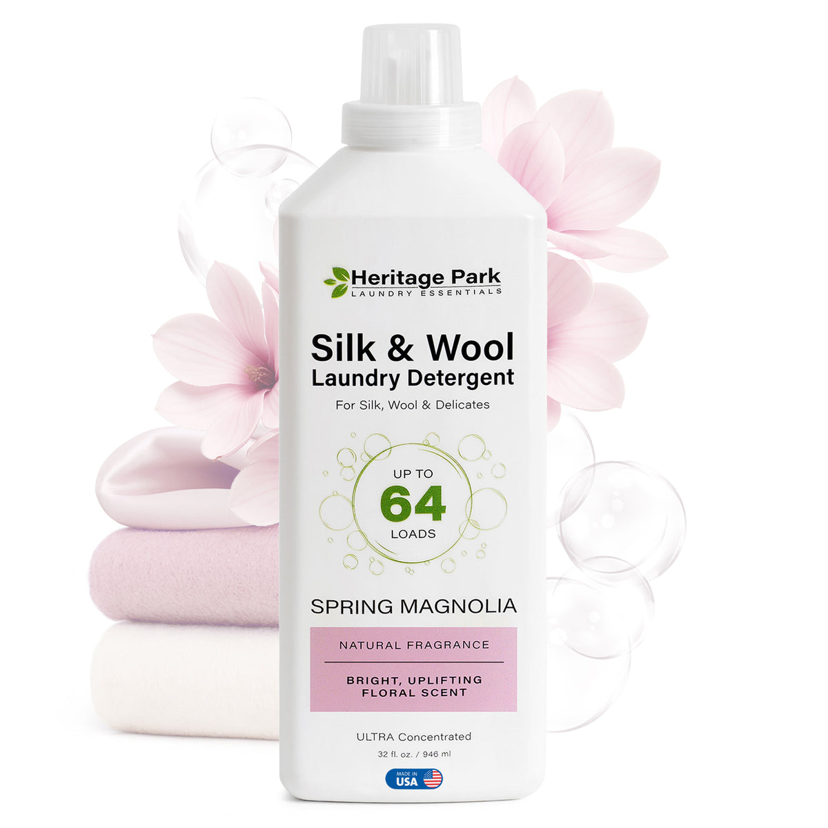 Spring Magnolia Heritage Park Silk and Wool laundry detergent 32 fl. oz. bottle with Pink Flowers in background