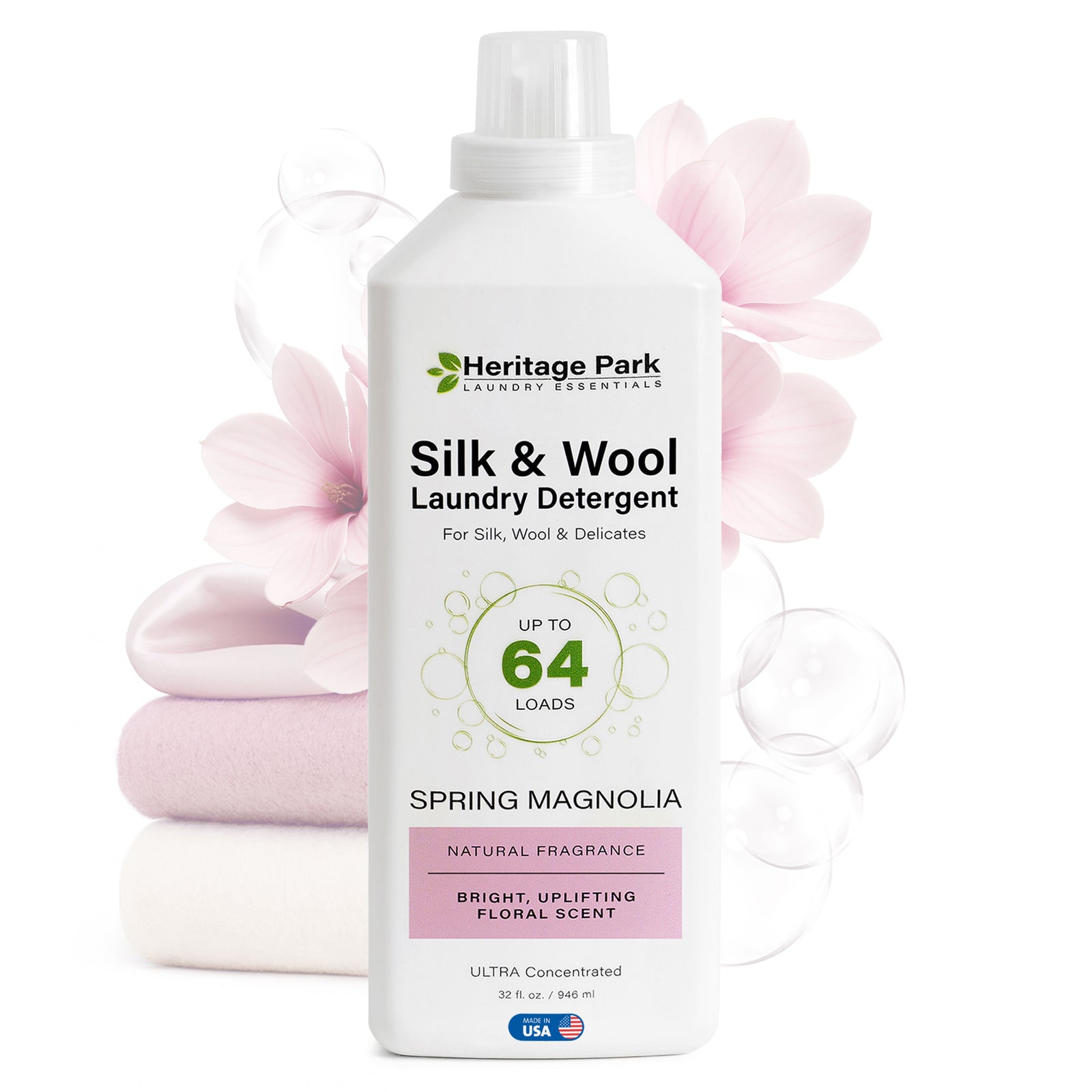 Spring Magnolia Heritage Park Silk and Wool laundry detergent 32 fl. oz. bottle with Pink Flowers in background