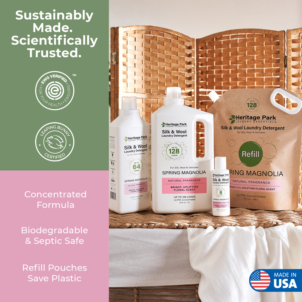 Heritage Park Silk and Wool Spring Magnolia 32oz 4oz and refill packages with text saying biodegradable ingredients and made in USA