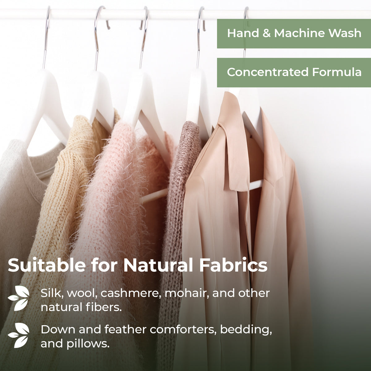 Clothes of different fabrics hanging with text saying Heritage Park Laundry Detergents are suitable for silk wool cashmere mohair and other natural fibers