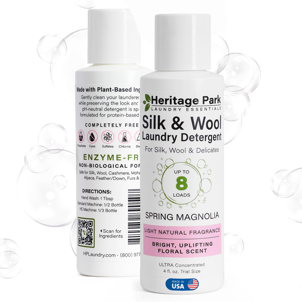 Front and back of Spring Magnolia Heritage Park Silk and Wool laundry detergent 4 fl. oz. Trial size bottle