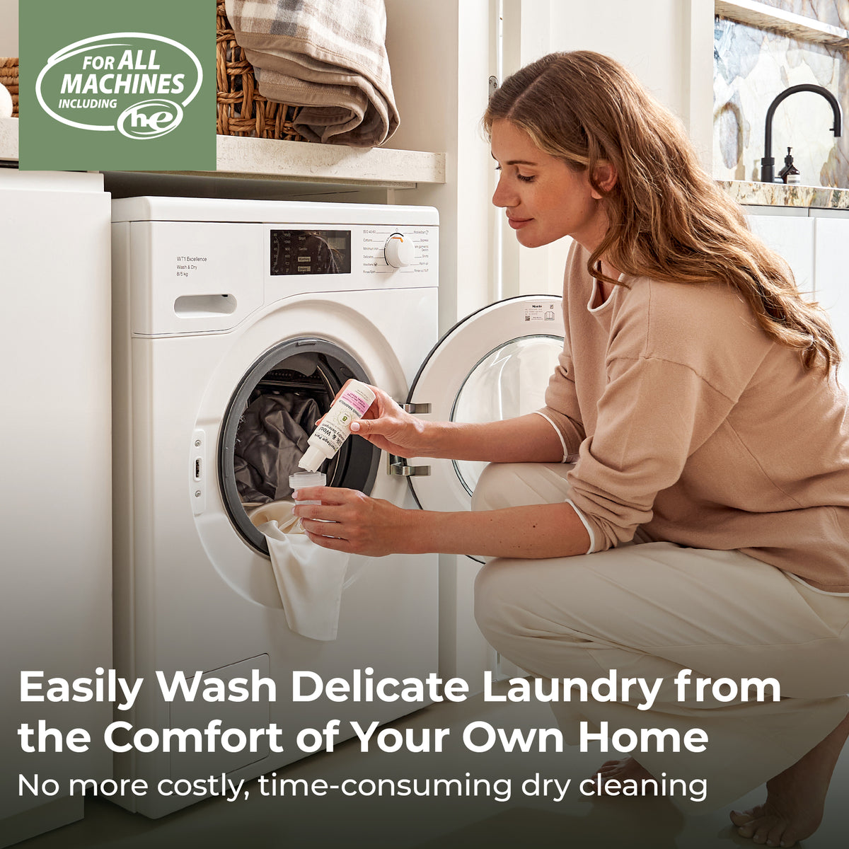 Woman pouring Spring Magnolia Heritage Park Silk and Wool Laundry Detergent with Text Highlighting it’s for delicate laundry