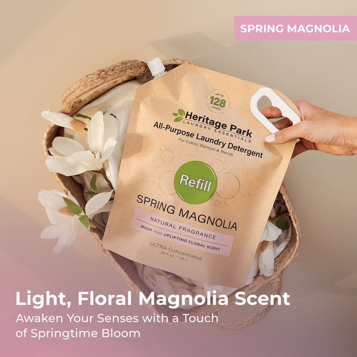 Spring Magnolia Heritage Park Silk and Wool Laundry Detergent refill pack on a laundry basket