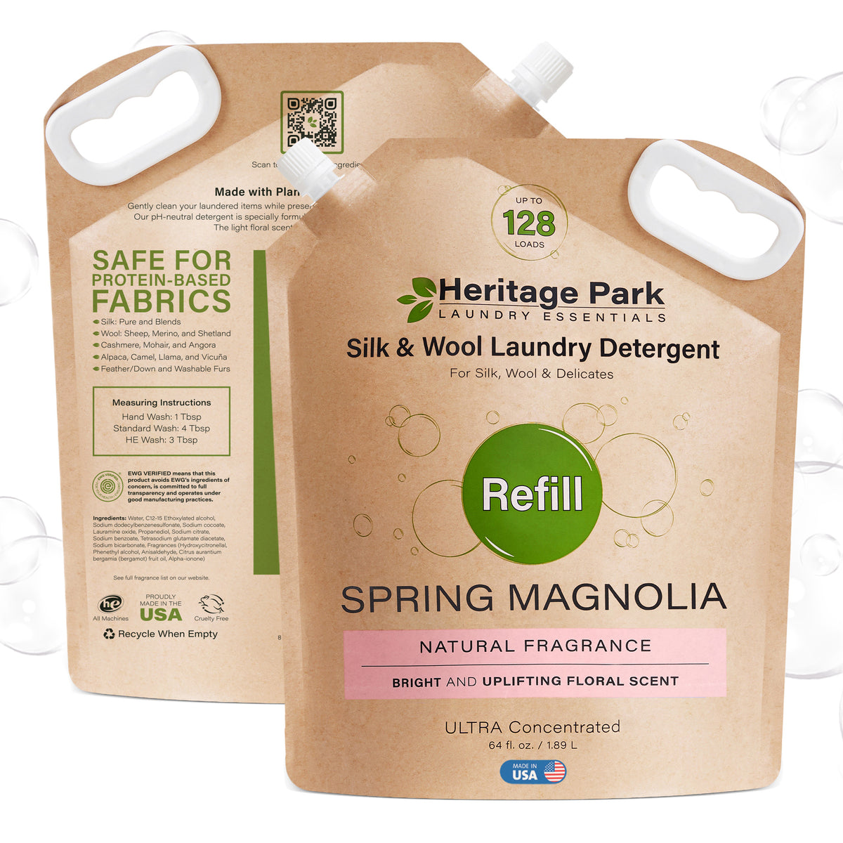 Front and back of Spring Magnolia Heritage Park Silk and Wool laundry detergent refill pack