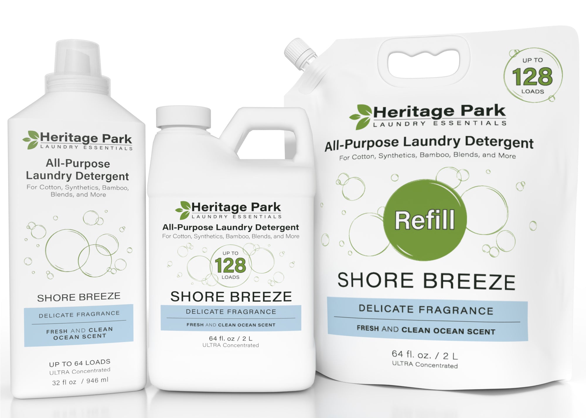 Heritage Park All-Purpose Shore Breeze Laundry Detergents - 32oz, 64oz bottle, and 64oz Refill