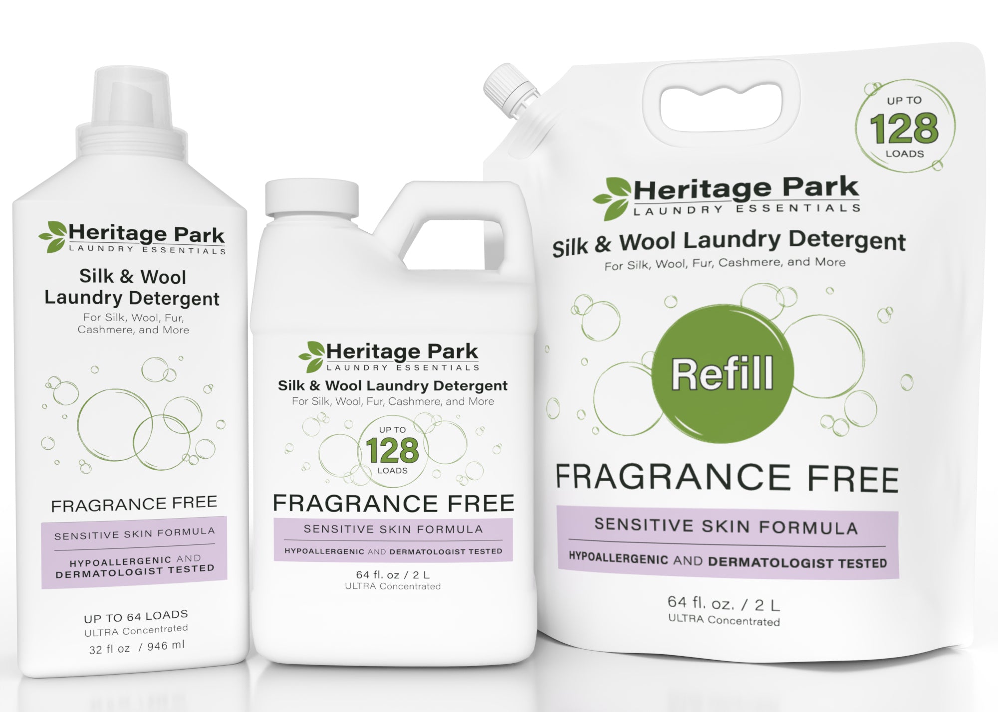 Heritage Park Silk & Wool Fragrance Free Hypoallergenic Laundry Detergents - 32oz, 64oz bottle, and 64oz Refill