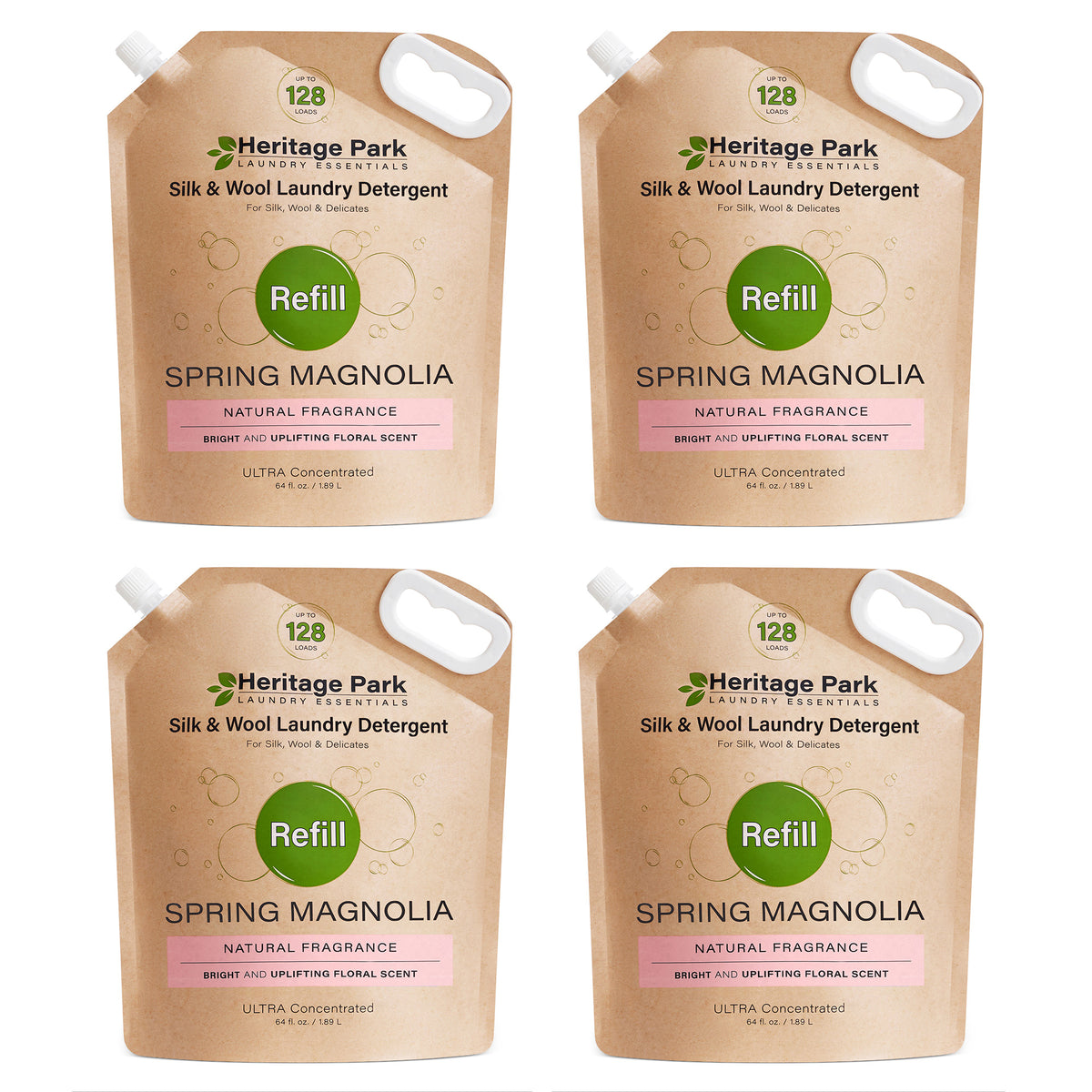 Four Heritage Park Silk & Wool Laundry Detergent Spring Magnolia refill bags on a white background