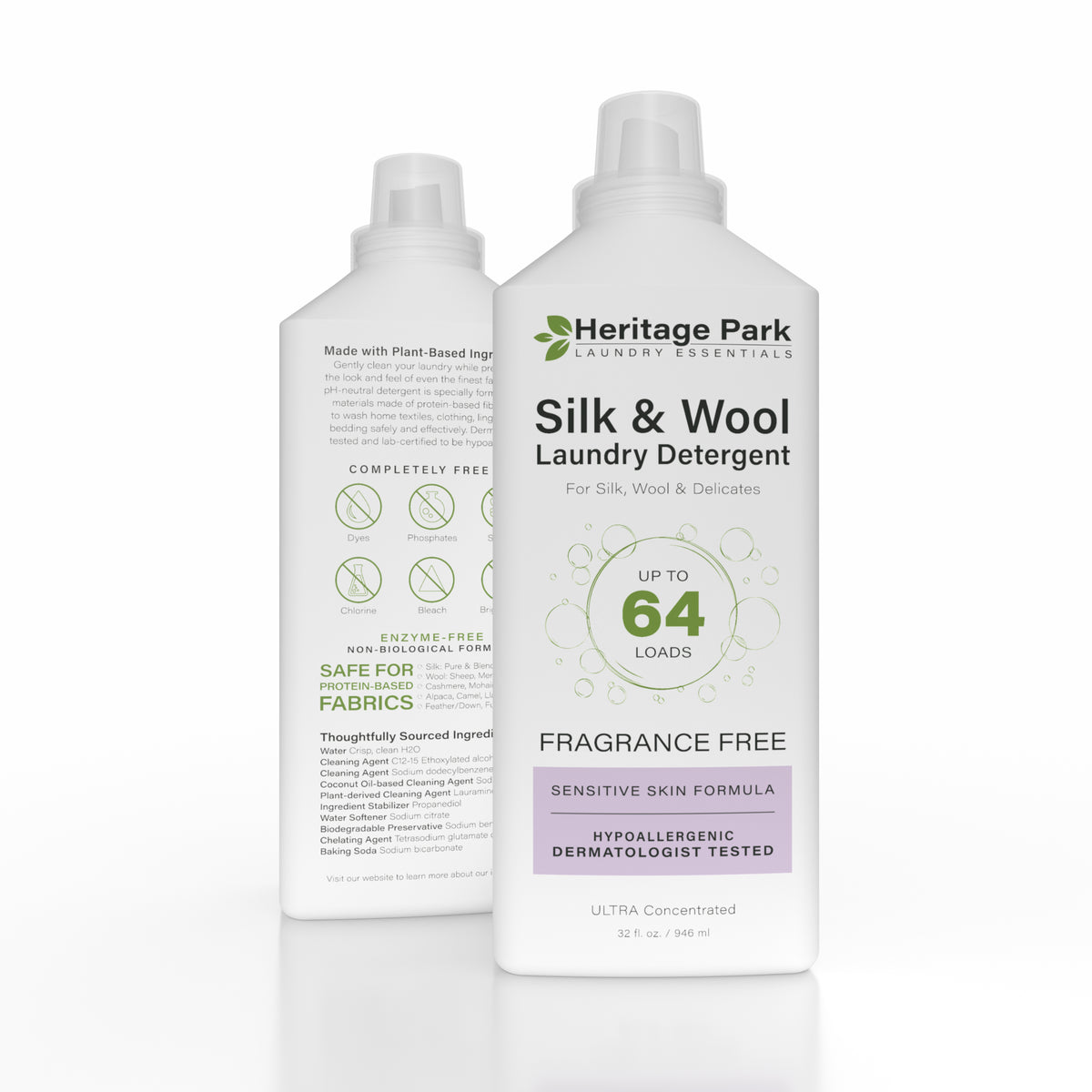 32 oz bottle of Heritage Park Fragrance Free Silk &amp; Wool Laundry Detergent Front and Back of bottle