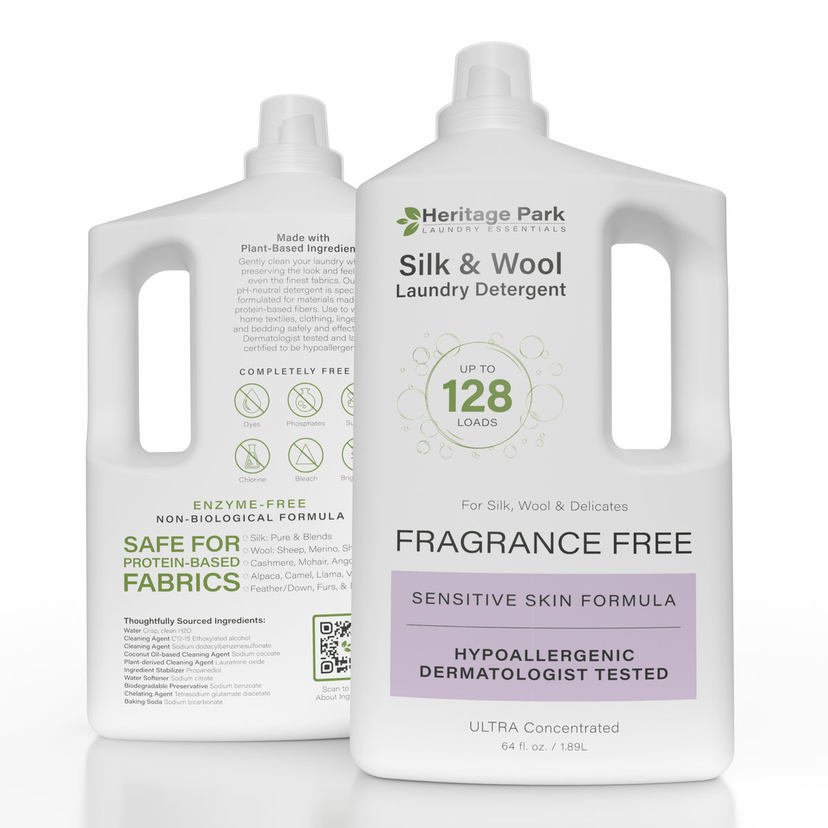 Front and back of the 64 oz Heritage Park Fragrance Free Silk &amp; Wool Laundry Detergent bottle