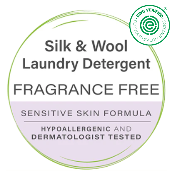 EWG Verified seal for Heritage Park's Silk & Wool Laundry Detergent, highlighting a fragrance-free, sensitive skin formula that's hypoallergenic and dermatologist tested.