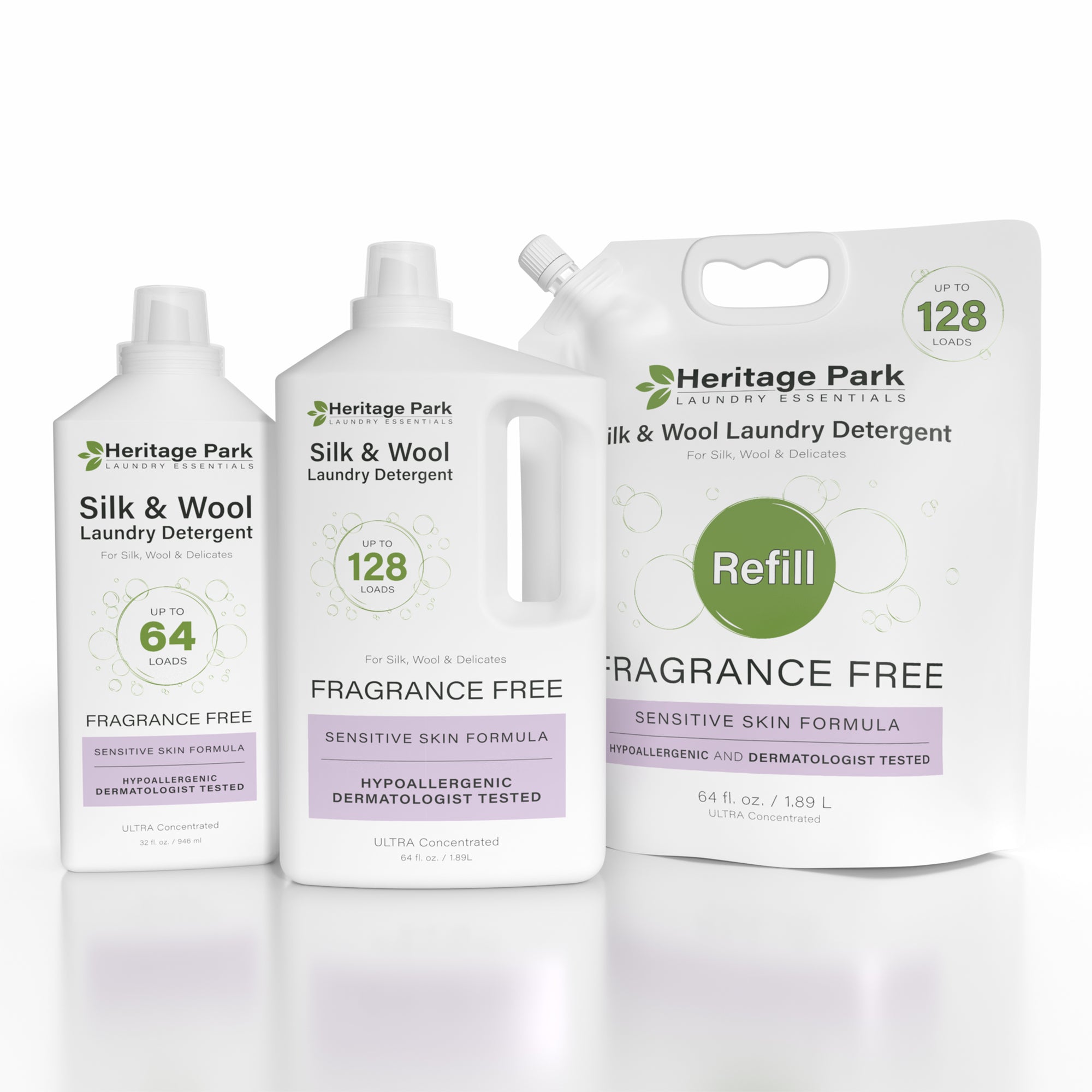 Heritage Park Silk & Wool Fragrance Free Laundry Detergent in 32 oz bottle, 64 oz bottle and the 64 oz refill bag