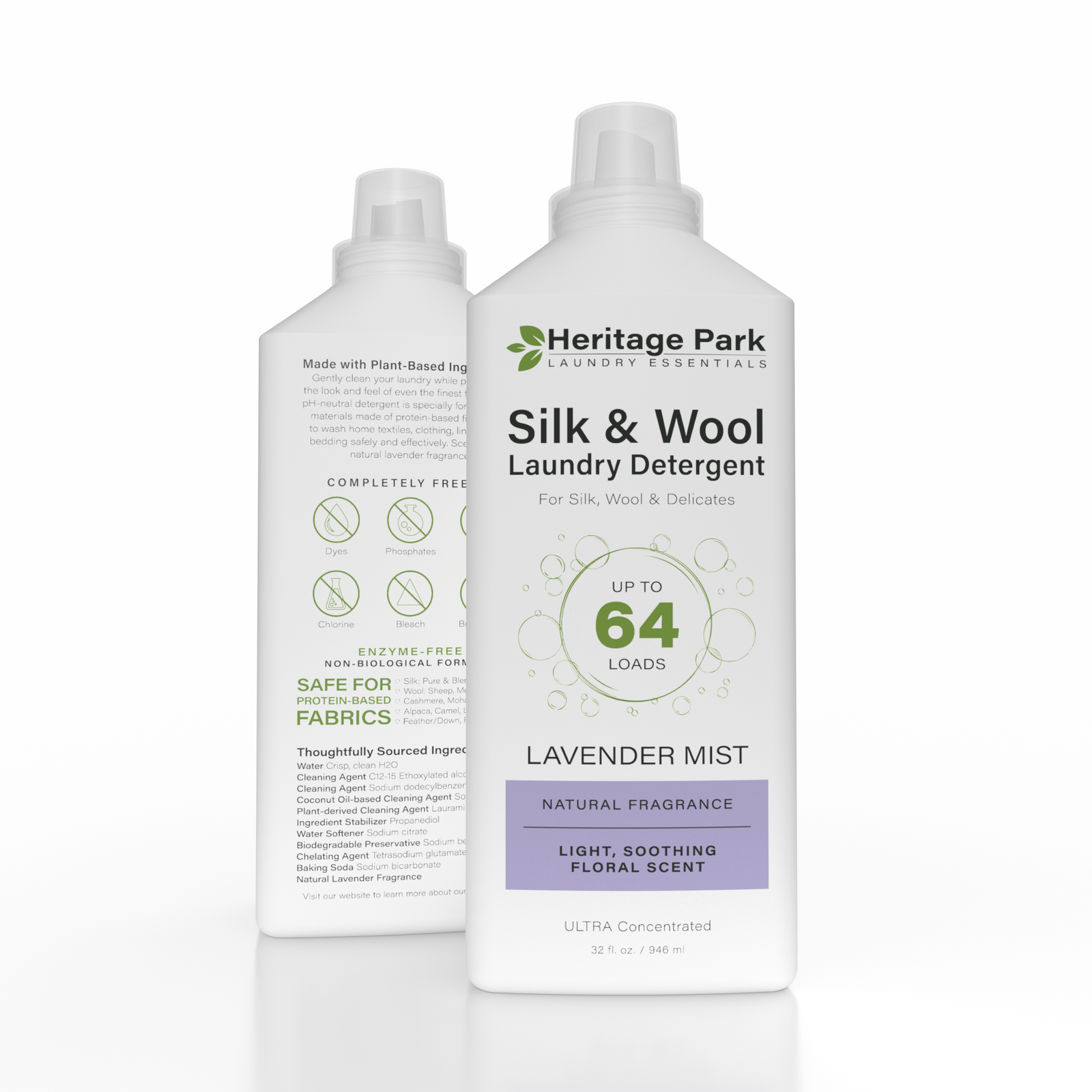 Heritage Park Silk & Wool Lavender Mist Laundry Detergent in 32 oz bottle, 64 oz bottle and the 64 oz refill bag