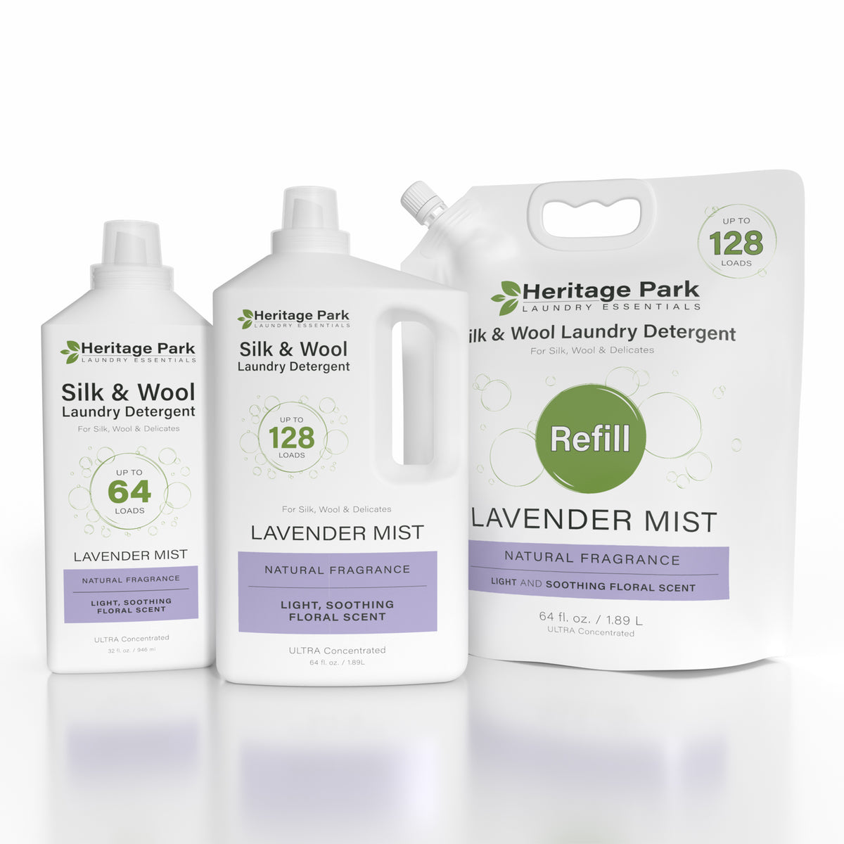 Heritage Park Silk &amp; Wool Lavender Mist Laundry Detergent in 32 oz bottle, 64 oz bottle and the 64 oz refill bag