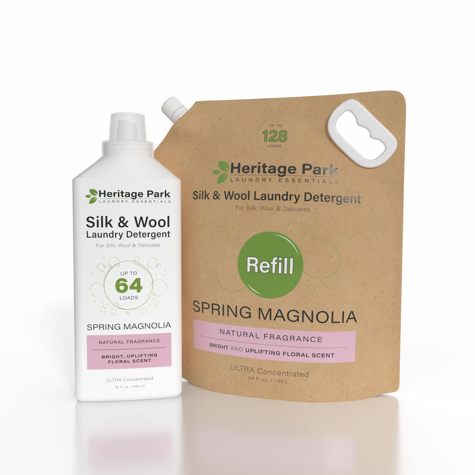 Heritage Park Silk & Wool Spring Magnolia Laundry Detergent in 32 oz bottle, 64 oz bottle and the 64 oz refill bag