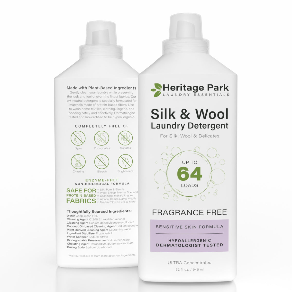 32 oz bottle of Heritage Park Fragrance Free Silk &amp; Wool Laundry Detergent Front and Back of bottle