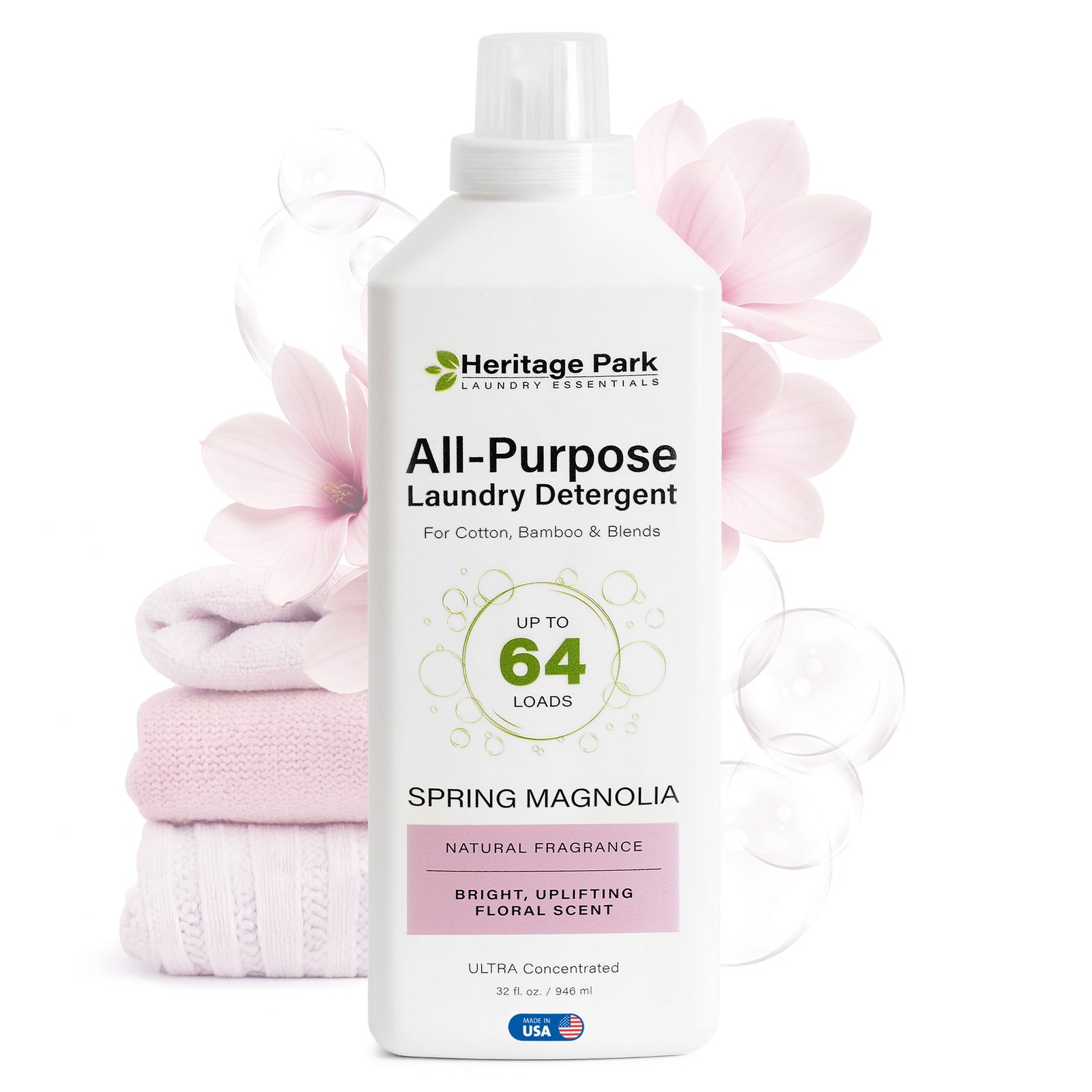 Spring Magnolia Heritage Park All-Purpose laundry detergent 32 fl. oz. bottle with Pink Flowers in background