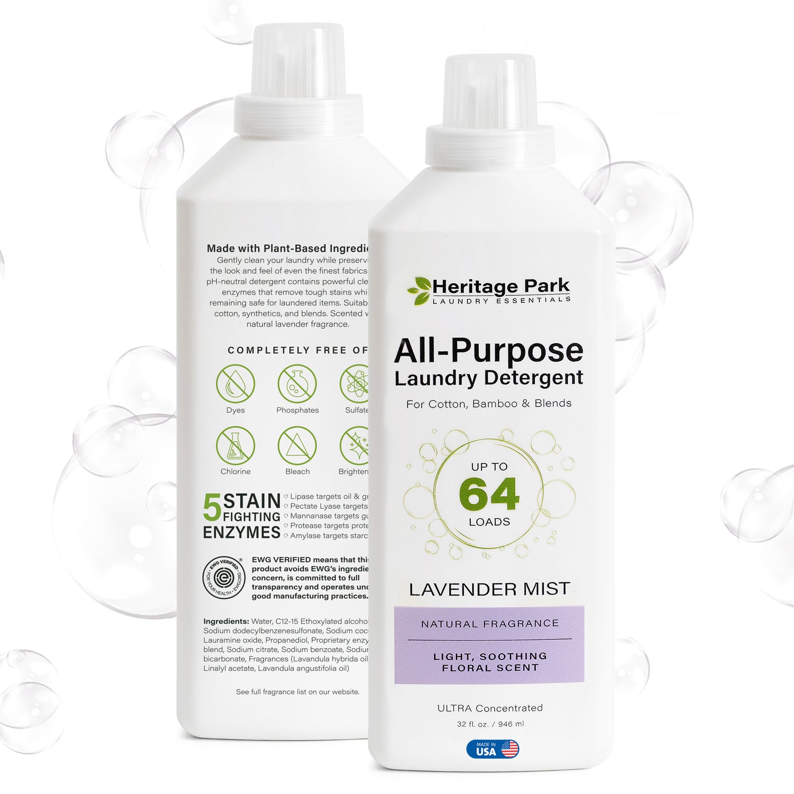 Heritage Park All Purpose Lavender Mist Laundry Detergent in 32 oz bottle and the 64 oz refill bag
