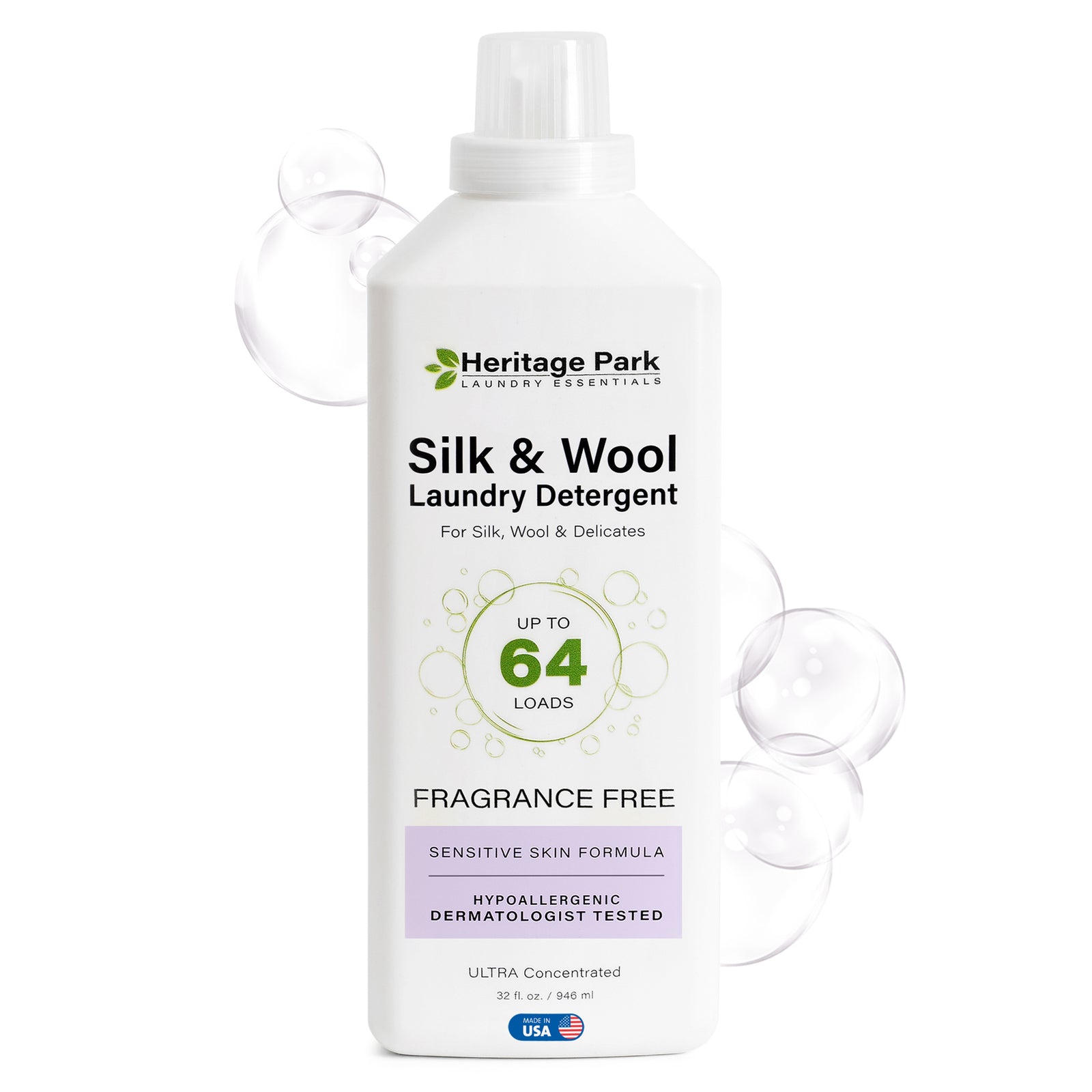 Bottle of Fragrance Free heritage park silk and wool laundry detergent 32 fl. oz. trial size with bubbles in background