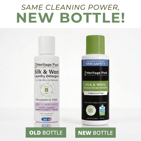 Two bottles of Heritage Park Silk & Wool Fragrance-Free Laundry Detergent, one old bottle label and one with the new label. 