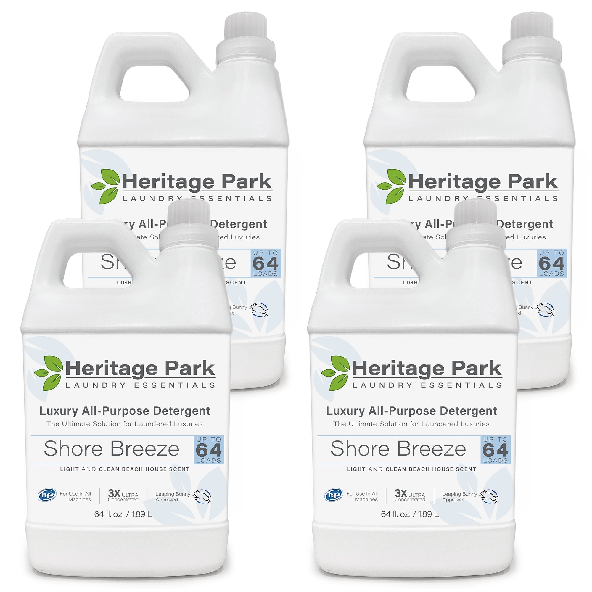 Heritage Park All Purpose Shore Breeze Laundry Detergent in 32 oz bottle, 64 oz bottle and the 64 oz refill bag