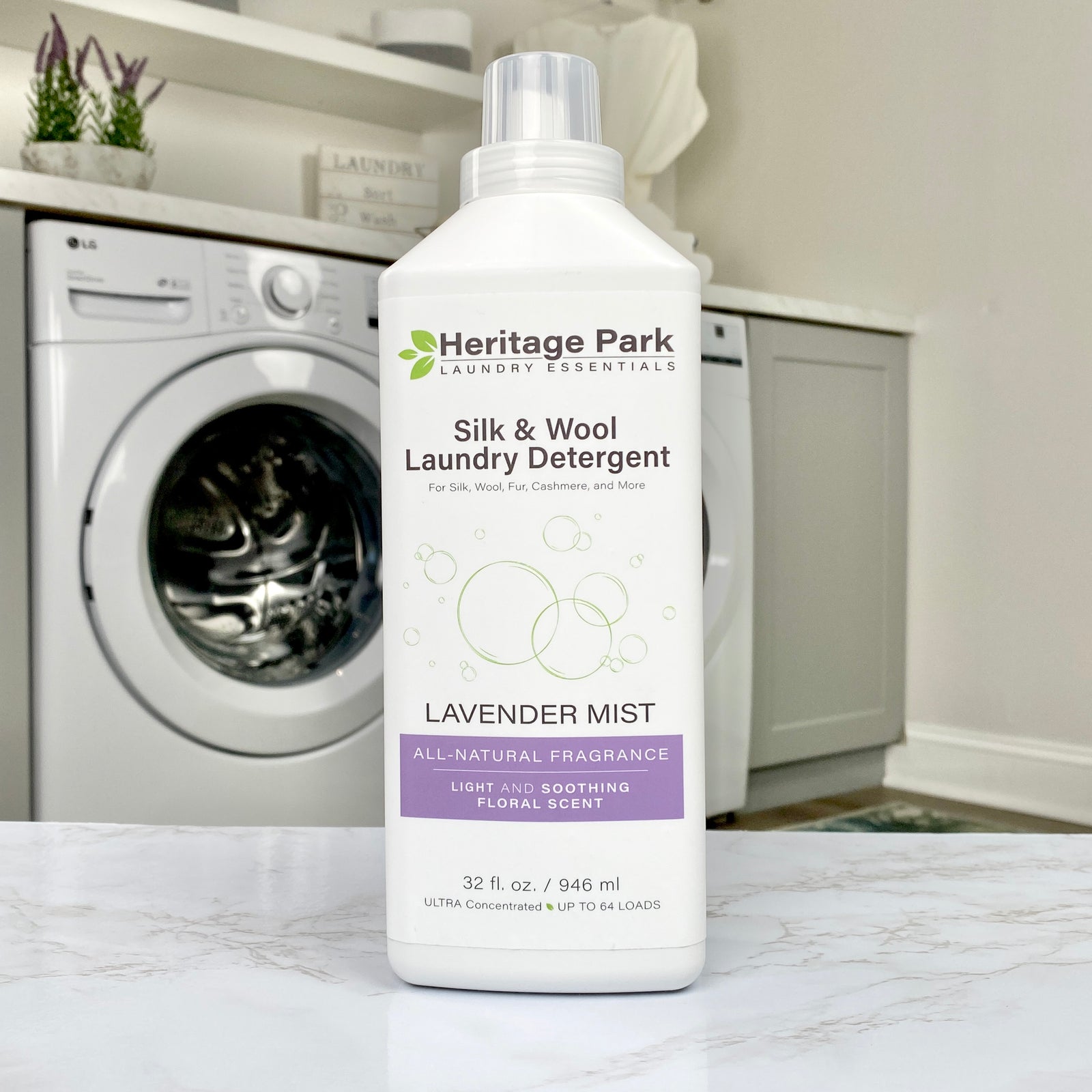 Heritage Park Silk & Wool Lavender Mist Laundry Detergent in 32 oz bottle, 64 oz bottle and the 64 oz refill bag