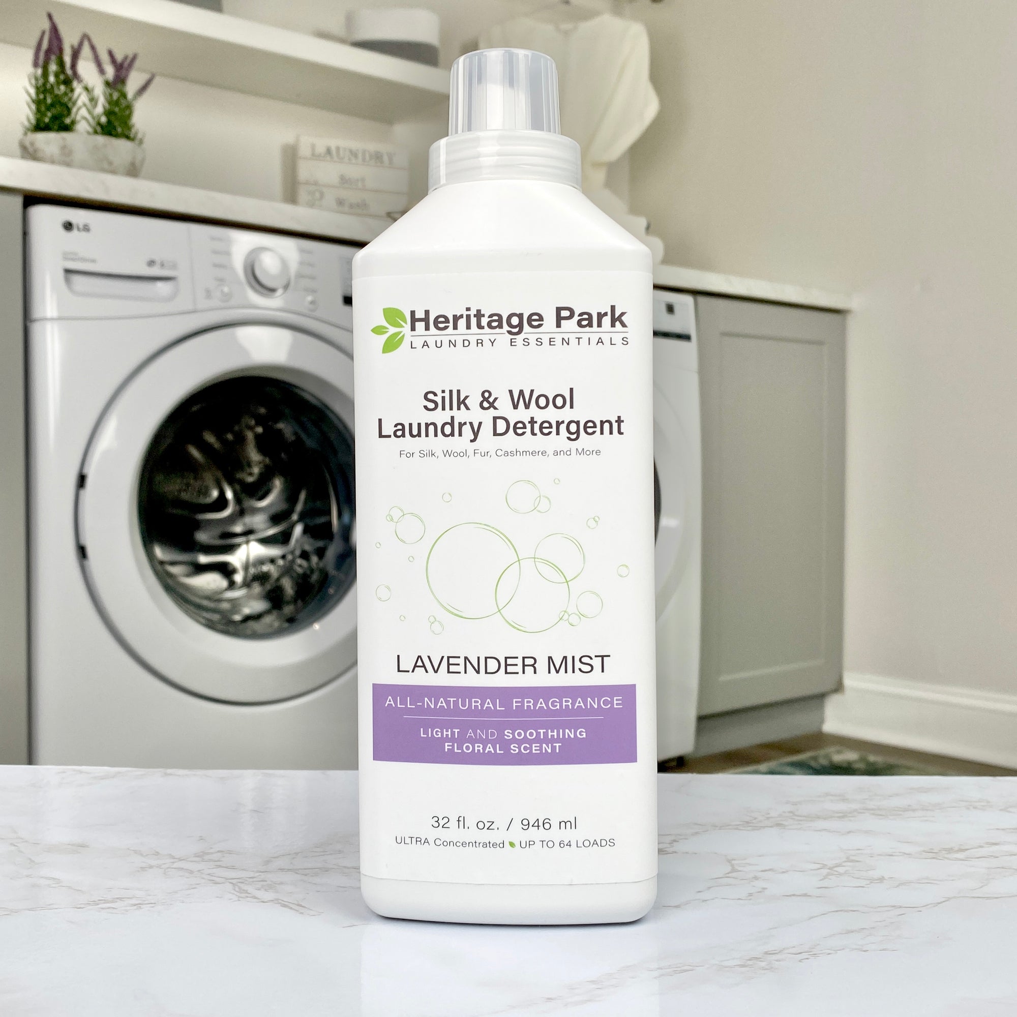 Heritage Park Silk & Wool Lavender Mist Laundry Detergent in 32 oz bottle, 64 oz bottle and the 64 oz refill bag